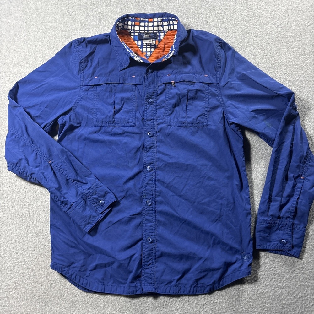 REI Boys Long Sleeve Hiking Button Up Blue Sz L 2 Pocket Vented (Sm Stains)